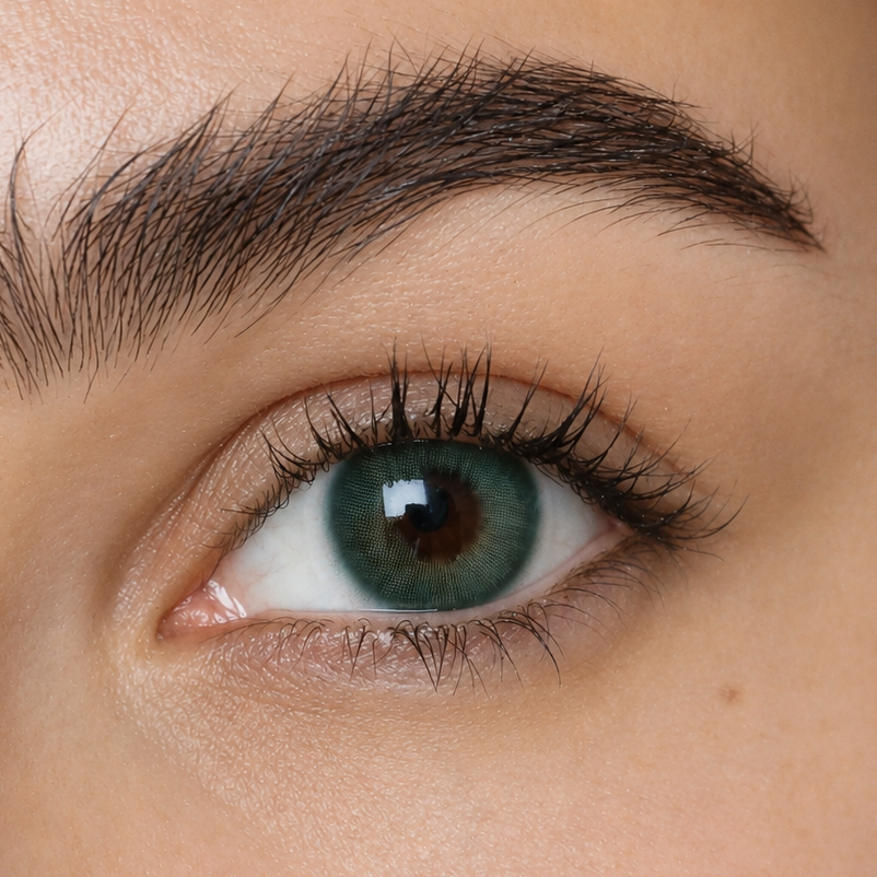 Just Be Dazzling Green coloured contacts shown on dark brown eyes