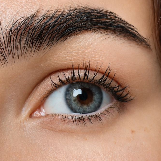 Just Be Dazzling Grey coloured contacts shown on dark brown eyes