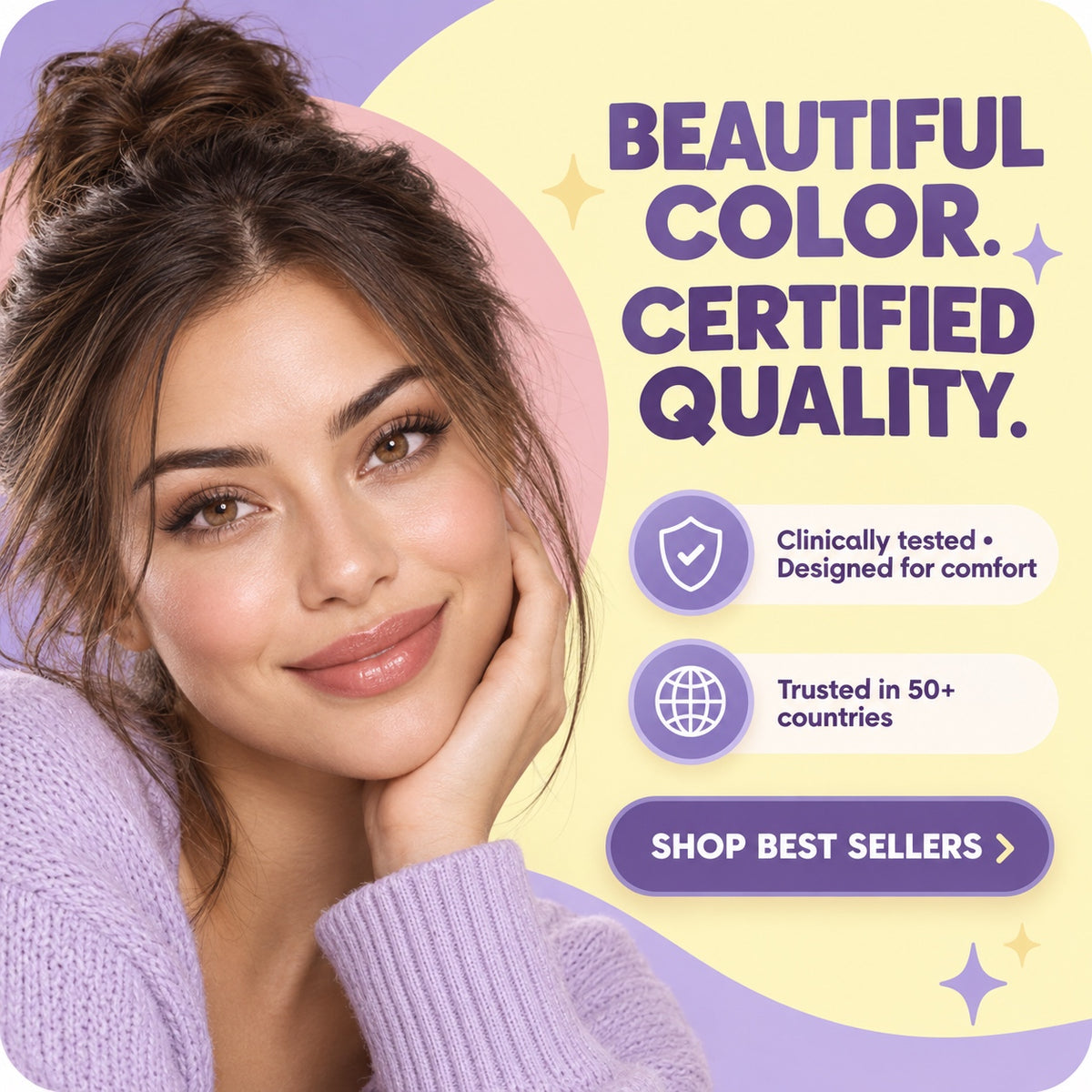 Geo Coloured Lenses quality banner highlighting clinically tested lenses designed for comfort