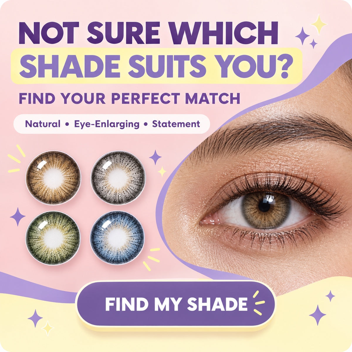 Geo Coloured Lenses shade finder banner showing natural, eye-enlarging and statement lens options