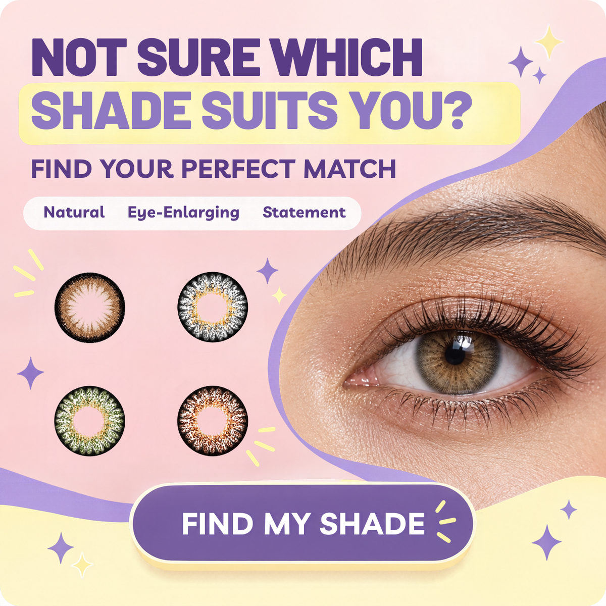 Geo Coloured Lenses shade finder banner showing natural, eye-enlarging and statement lens options