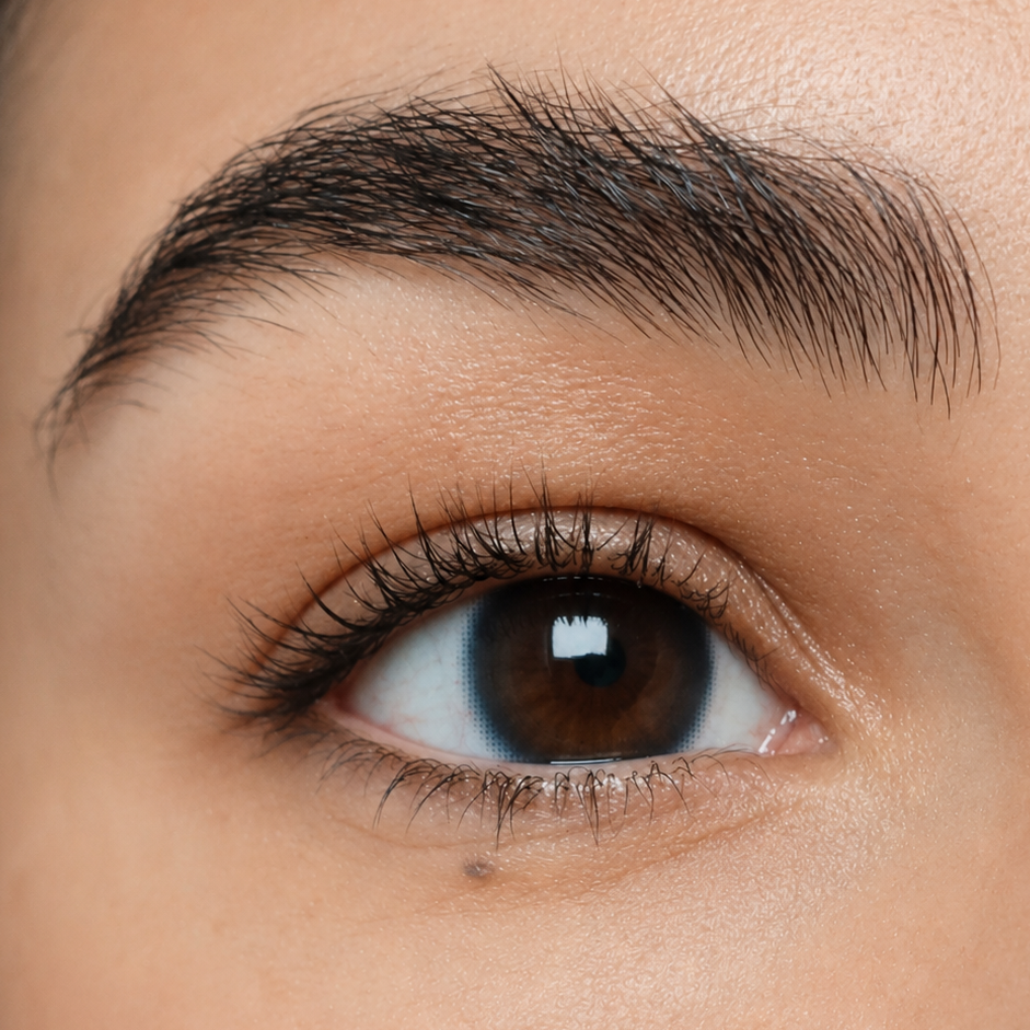 Just Be Alluring Blue bold blue coloured contacts shown on dark brown eyes