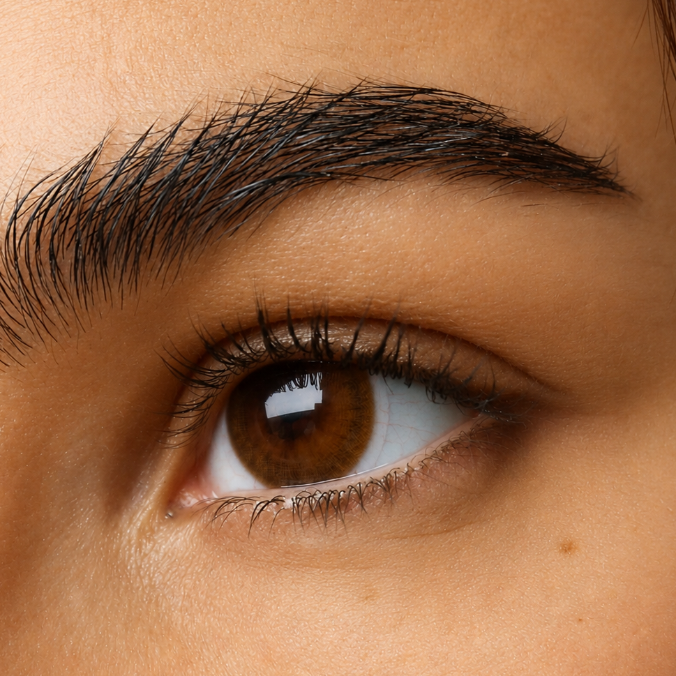 Just Be Chic Brown natural brown coloured contacts shown on dark brown eyes