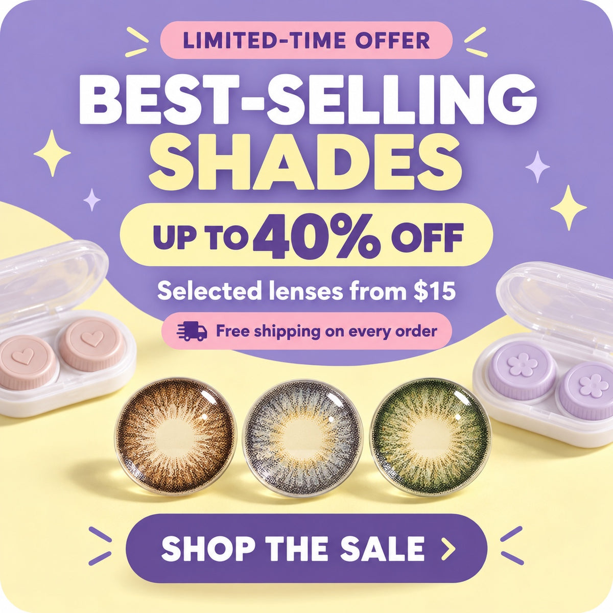 Geo Coloured Lenses sale banner featuring selected bestselling shades at up to 40 percent off