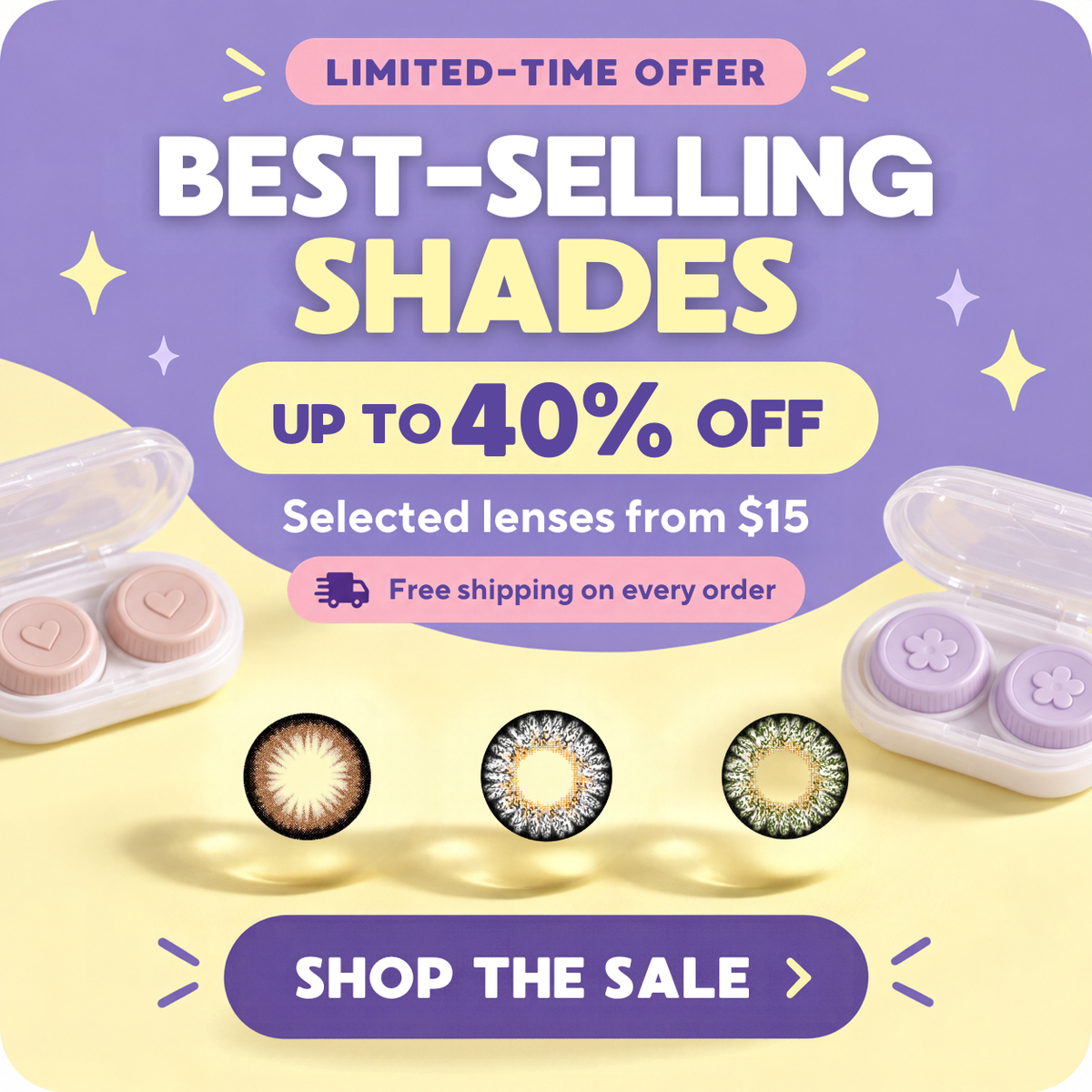 Geo Coloured Lenses sale banner featuring selected bestselling shades at up to 40 percent off