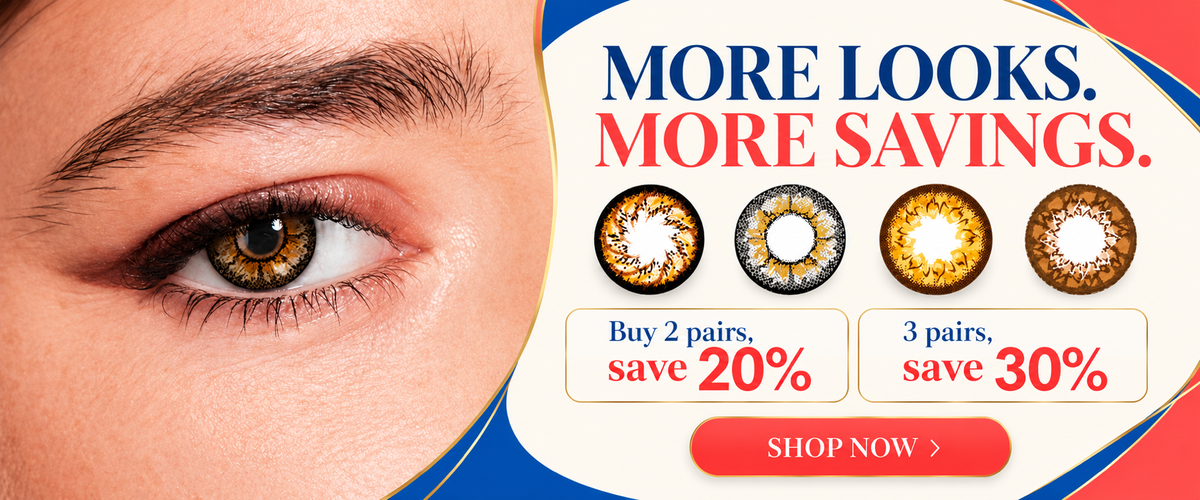 Geo Coloured Lenses tiered savings offer: Buy 2 pairs save 20%, buy 3 pairs save 30%